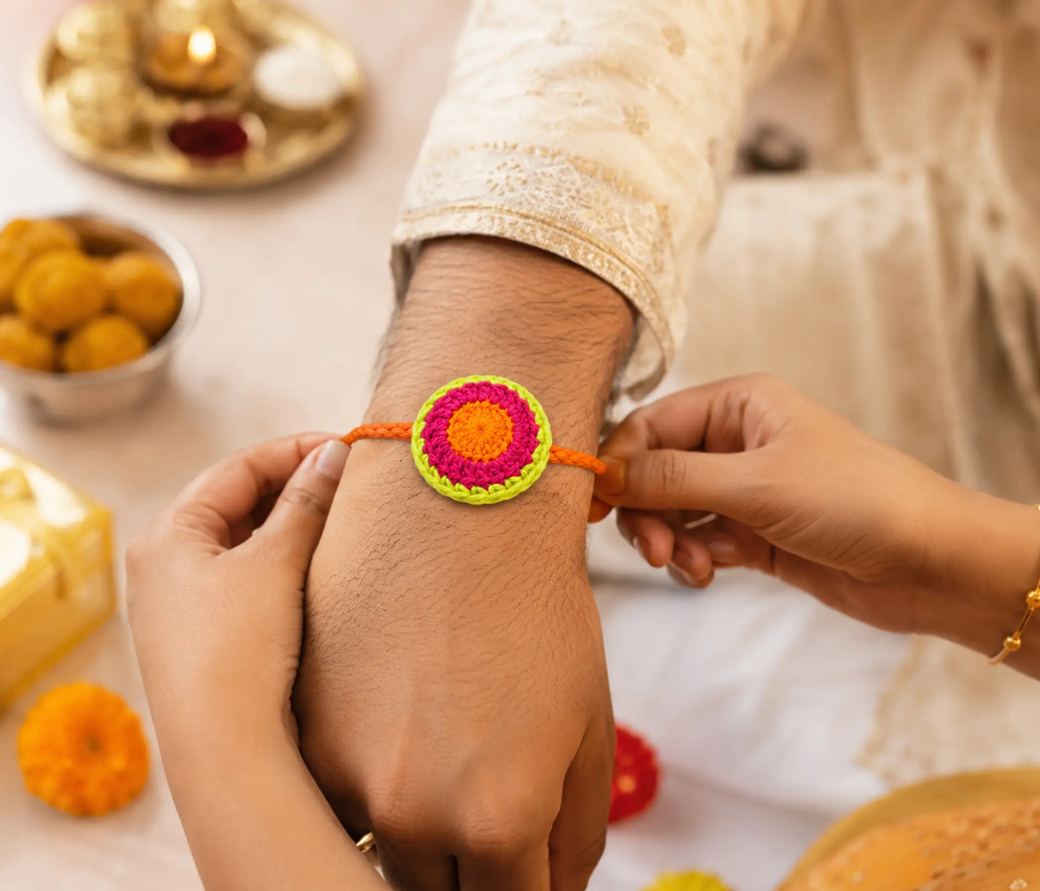 Sunburst Circular Handcrafted Crochet Rakhi for Raksha Bandhan
